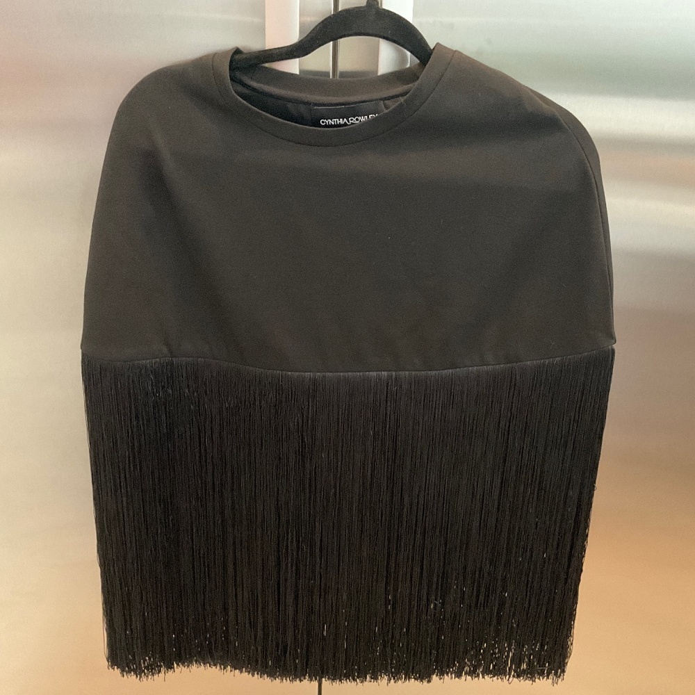 Cynthia Rowley black fringed cape
